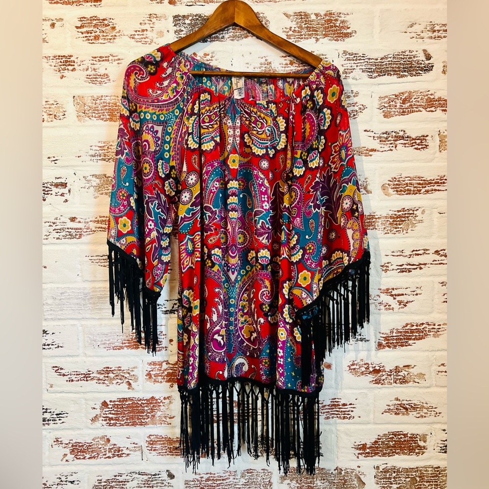 Lilypad Sheer Fringed Blouse Floral Paisley Boho Chic Size M